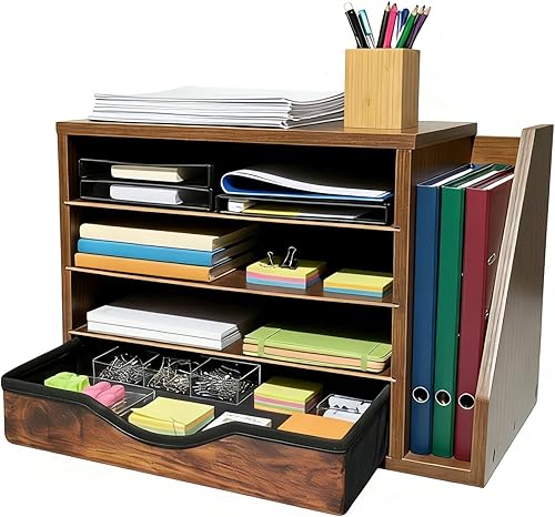 Organizador de archivos Gphudpzdl con cajón, organizador de escritorio de madera, con 4 estantes ajustables, clasificador de correo con cajón