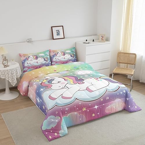 Miniatura 3 de Juego de ropa de cama tamaño individual para niñas con diseño de unicornio y arco iris, lindo juego de edredón Kawaii para decoración de habitación