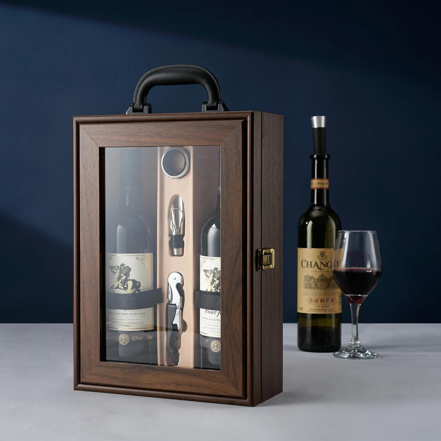 Wine Box, 2 Bottle Top Handle with 3 Accessory Gift for Wedding,Party,Gift,Birthday,Vintage Walnut wood Wine Storage Box for Home Bar Decor,Handmade Premium Carrier Case