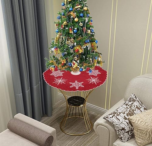 Miniatura 3 de Simhomsen Falda pequeña para árbol de Navidad bordada con copos de nieve, solo para árbol de lápices de mesa (rojo, redondo de 21 pulgadas)