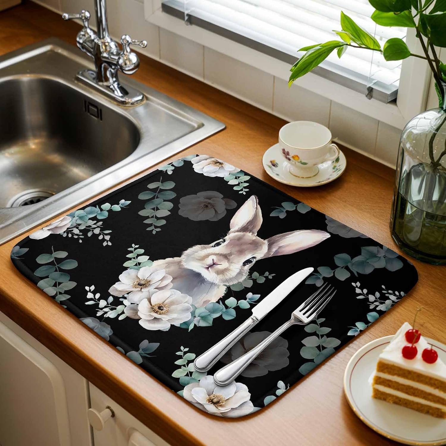 Easter Bunny Dish Drying Mat for Kitchen Counter Watercolor Floral Eucalyptus Leaves Rabbit Black Super Absorbent Microfiber Coffee Bar Mat Washable Dish Drainer Rack Mat, 2 Pack, 16" x 18"