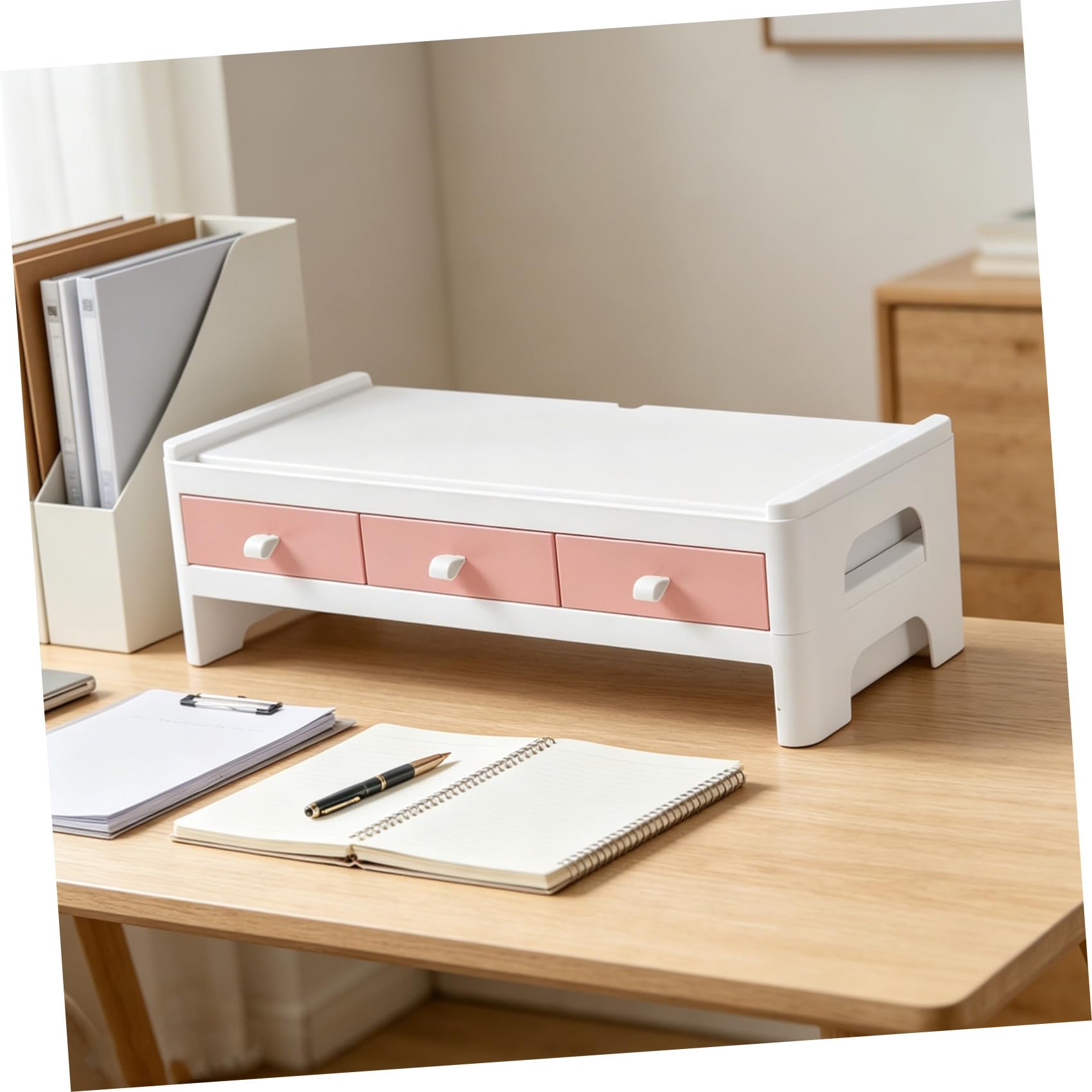SHINEOFI Supporto per Monitor Elevato in Plastica Rosa per Scrivania | Organizer da Casa, per Cancelleria e Cosmetici, Struttura Classificata, per Studenti e Appassionati di Makeup