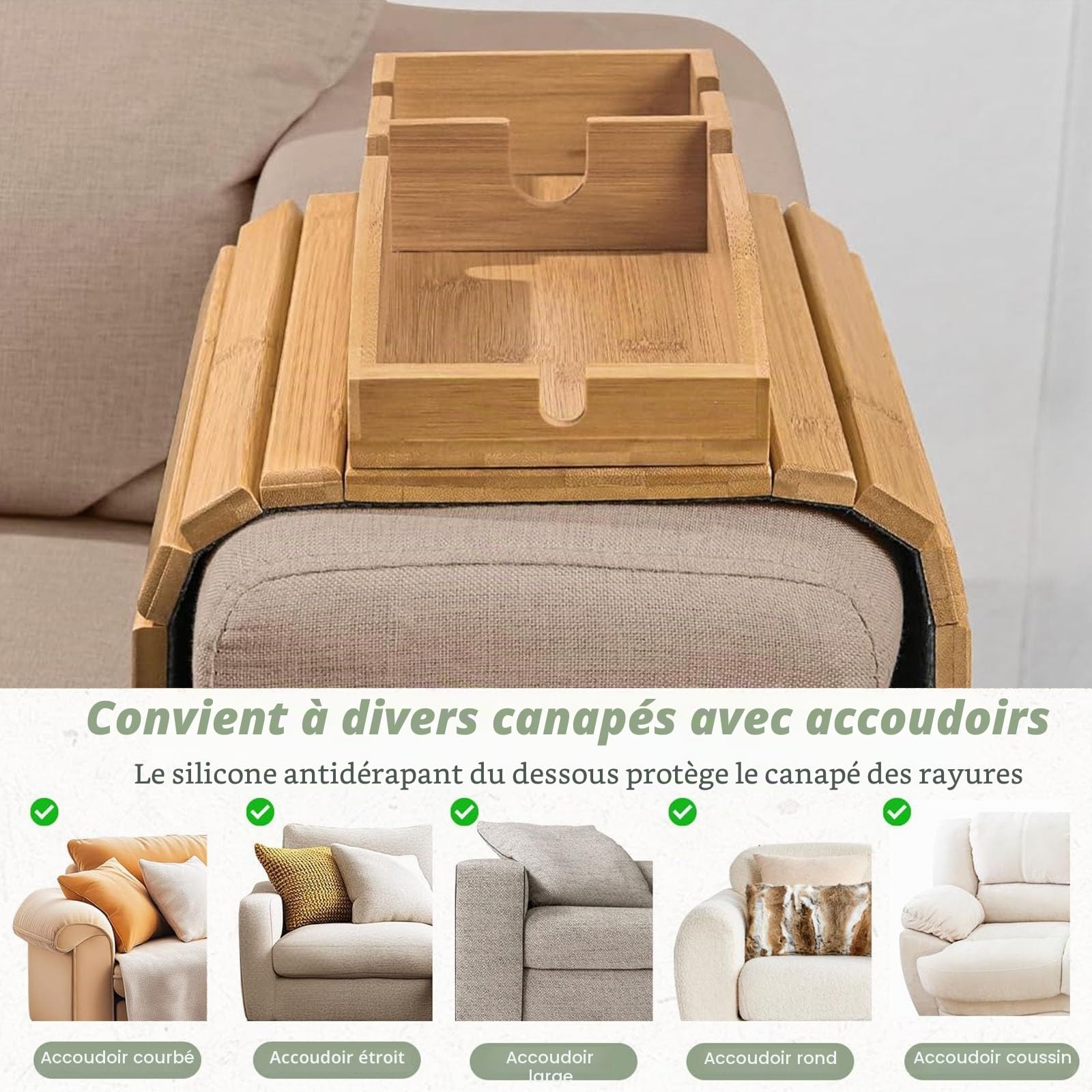 MARUKO Plateau Accoudoir Canapé, 3-en-1 Porte-Gobelet Magnétique Détachable en Bambou, Tablette Accoudoir Canapé avec Coussin Antidérapant, Table D'accoudoir de Canapé (Couleur Naturelle)
