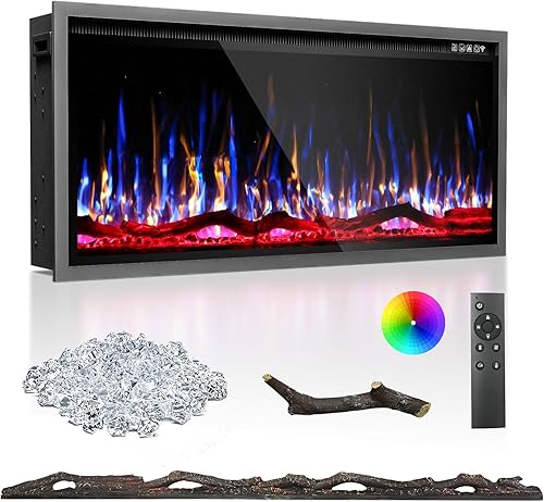 BREEZEHEAT Chimenea eléctrica de 42 pulgadas, empotrada y montada en la pared, calentador de 750/1500 W con control de temperatura, opciones de