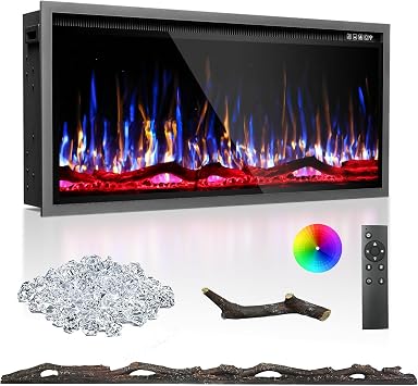 BREEZEHEAT 42 Electric Fireplace-Recessed & Wall Mounted Linear Fireplace-750/1500W Heater w/Temperature Control, Log & Crystal Options, Adjustable Flame, Remote Control