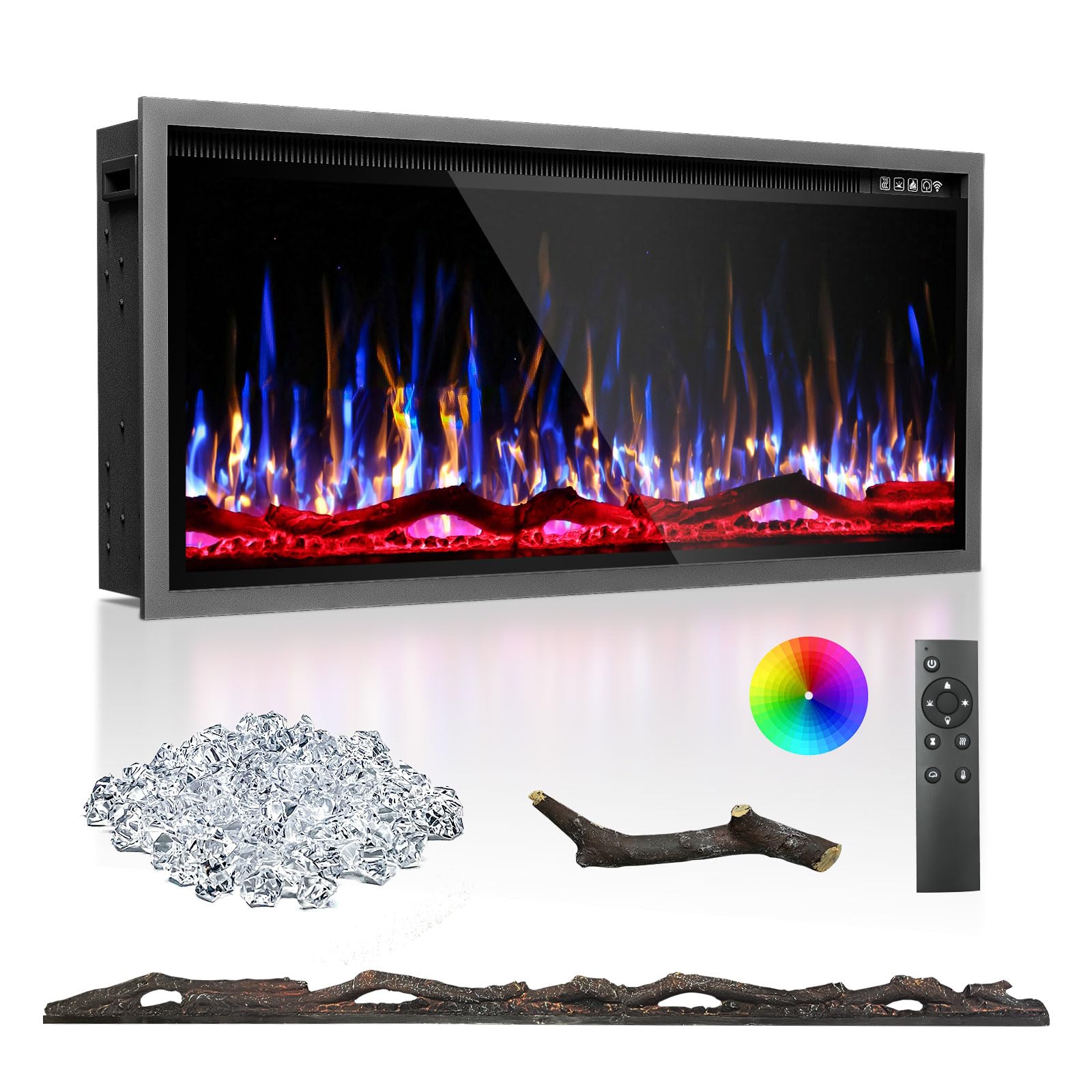 BREEZEHEAT 42 Inch Electric Fireplace-Recessed & Wall Mounted Linear Fireplace-750/1500W Heater w/Temperature Control, Log & Crystal Options, Adjustable Flame, Remote Control