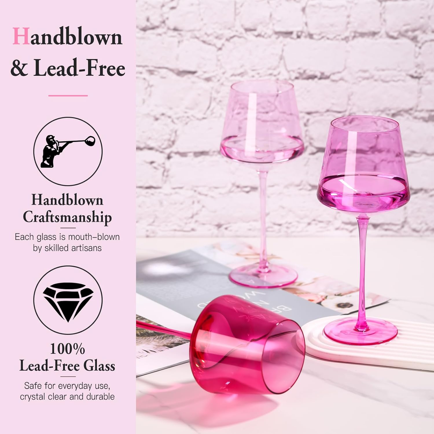Hot Pink Wine Glasses Set of 6– Colorful Stemmed Glasses in Mixed Shades of Pink,Coloful Birthday Party Wine Glass,18OZ,Valentines Day Gifts For Her,Valentines Day Decorations