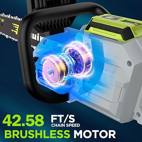 Miniatura 5 de Motosierra inalámbrica de 60 V y 18 pulgadas, motosierra eléctrica con motor sin escobillas con 2 baterías de 4.0 Ah y cargador, tensión de cadena