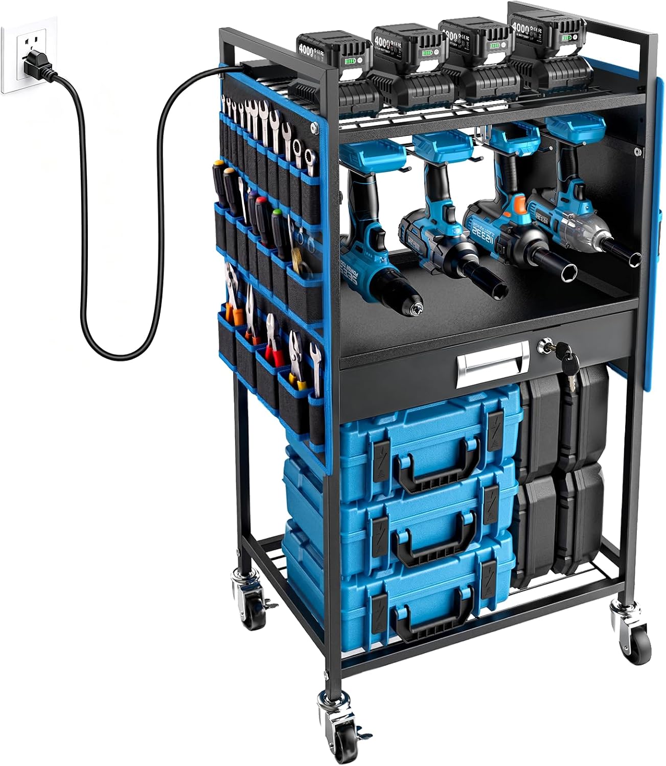 SEESII Power Tools Organizer Cart with 8 Outlet Charging Station, 6 FT Cord