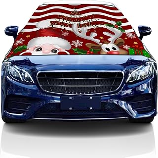 Windshield Cover for Ice and Snow, Car Windshield Snow Cover, Waterproof Snow Protector Covers with Side Mirrors Cover,Xmas Cartoon Santa Elk Snowflakes Red Car Window Covers for Vans Suvs 57"x47"