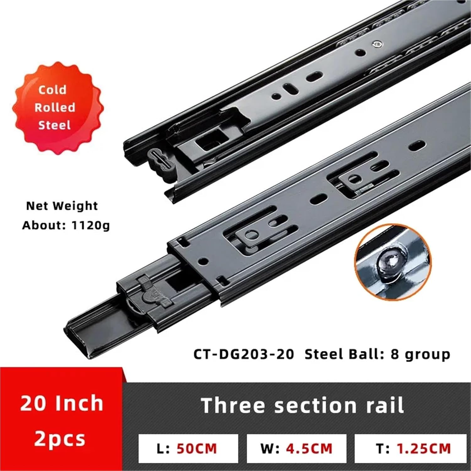 Drawer Slides 3 Way Cold Rolling Steel Drawer Slide Black Heavy Track Rail Three Section Slides 8 to 20 Inch(DG203 20 Inch)