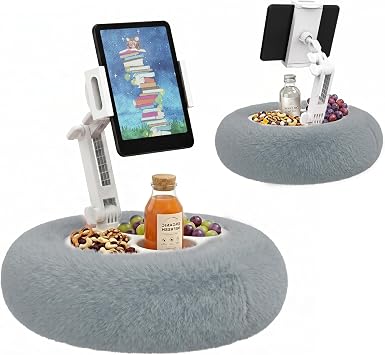 HomeMount Stable Tablet & Kindle Pillow Stand with Snack Tray, Grey | Rotating arm, plush velvet, washable cover, multi-angle comfort, fits 4.711" devices for relaxing, reading, or streaming