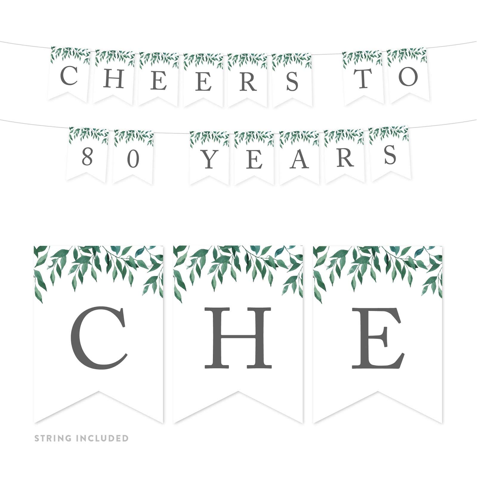 Andaz Press Natural Greenery Green Leaves Birthday Party Banner Decorations, Cheers to 80 Years, Approx 5-Feet, 1-Set, 80th Birthday Milestone Colored Hanging Pennant Decor