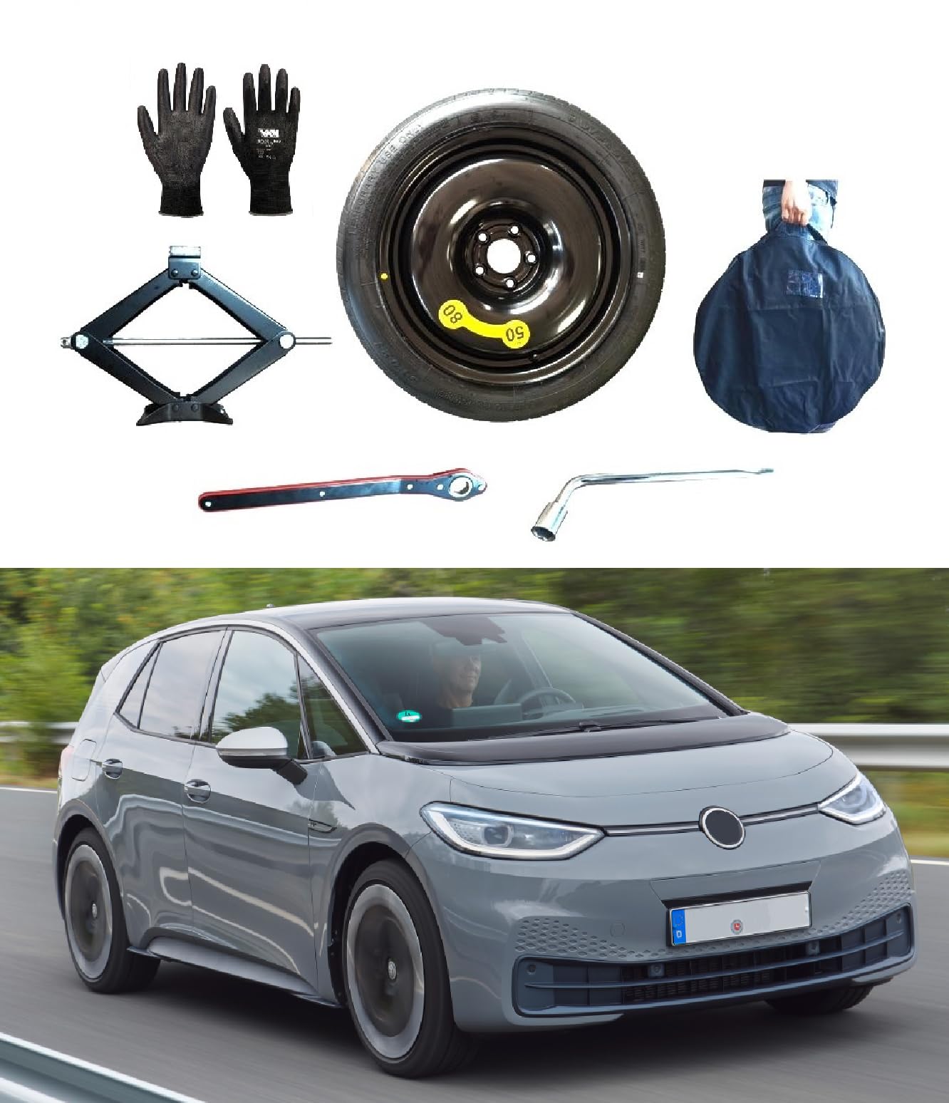 Kit de Rueda de Repuesto 19" compatible con Volkswagen ID3 con Gato, Llave, Guantes y Funda125/70R19