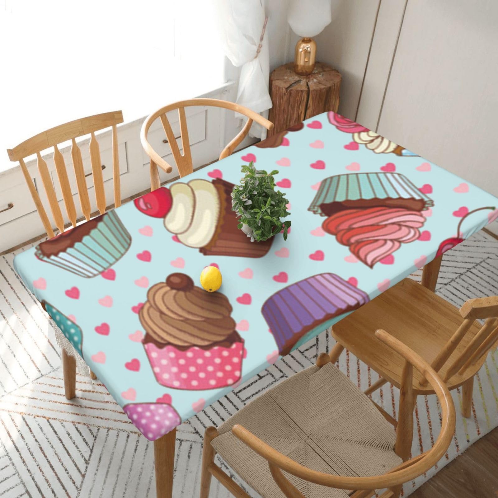 DCEHGEW Elastic Fitted Rectangle Tablecloth for 5ft Tables, Cupcake Pattern Printed Oilproof & Washable Fabric Picnic Table Cloth Table Covers