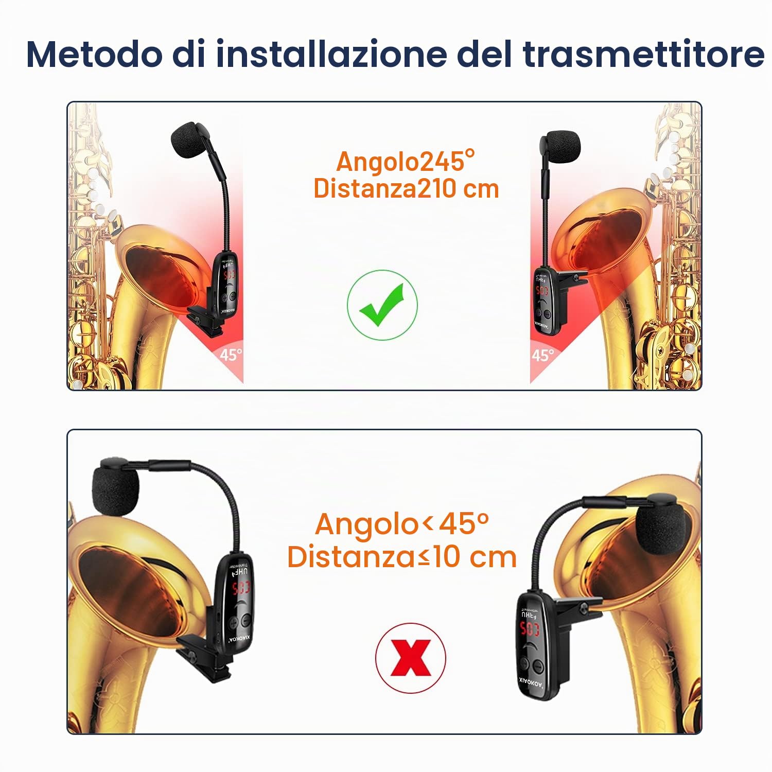 Microfono Senza Fili per Sassofono,UHF Wireless Microphone per Strumenti Musicali,Ricevitore e Trasmettitore Senza fili per Sassofono/Tromba/Trombone/Clarinetto