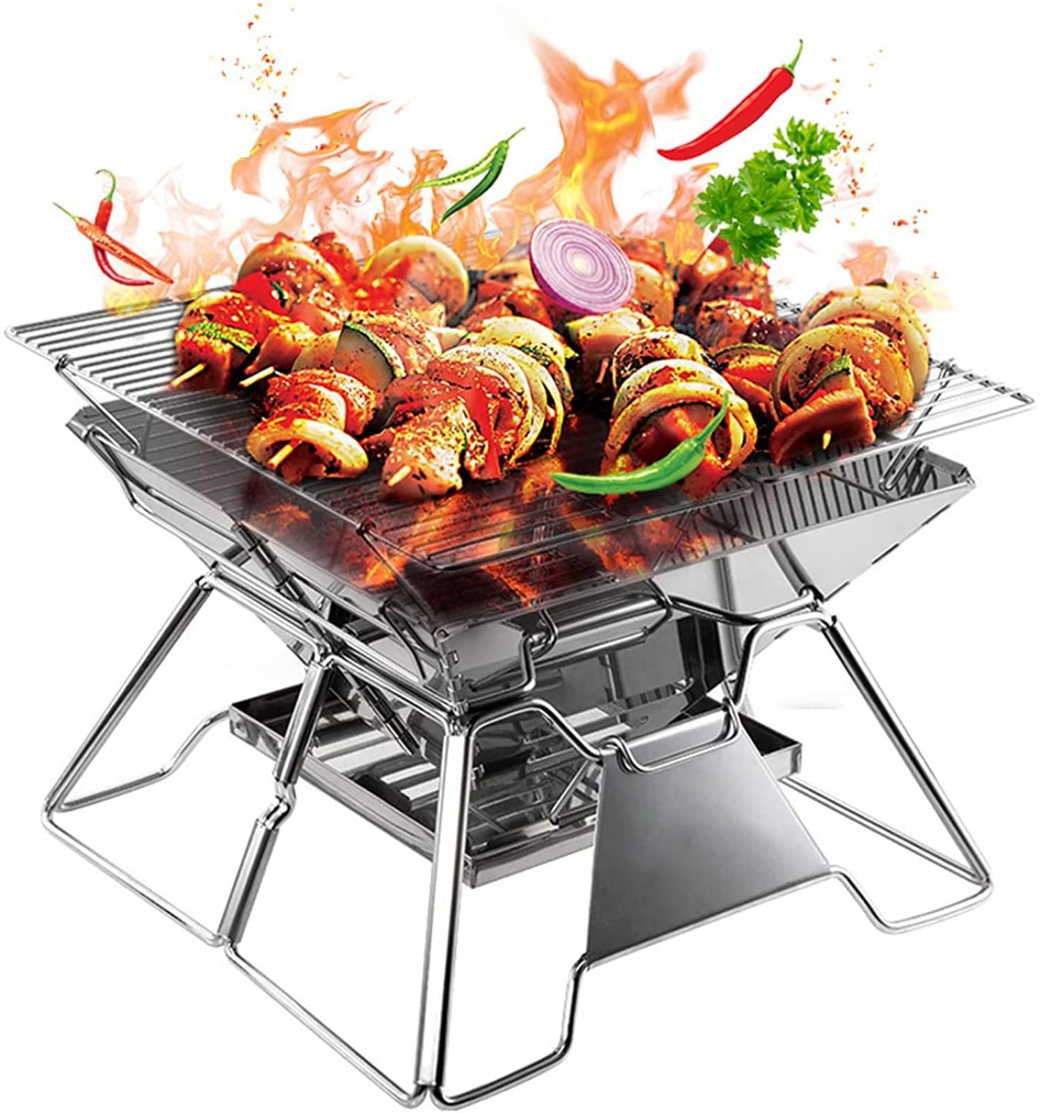 Parrilla de carbón, Herramientas de Parrilla de Barbacoa Ligera portátil Plegable de Acero Inoxidable para Asar a la Parrilla al Aire Libre Patio Trasero Fiesta (para 4-6 Personas)