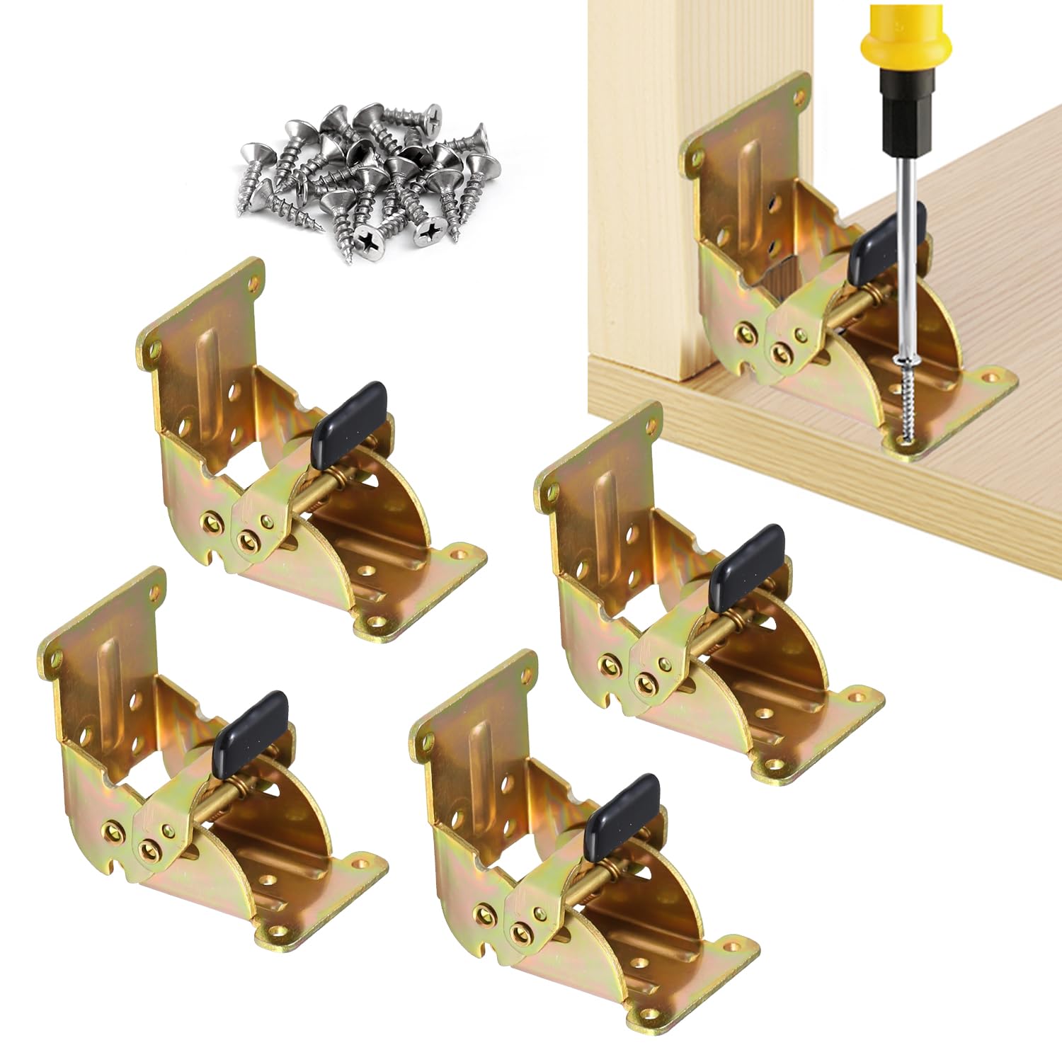 Folding Brackets 4 Pack, Heavy-Duty Self-Locking Hinges with Screws, Foldable Lock Extension Support Brackets for Table Legs, Bed Legs, Workbenches – Gold