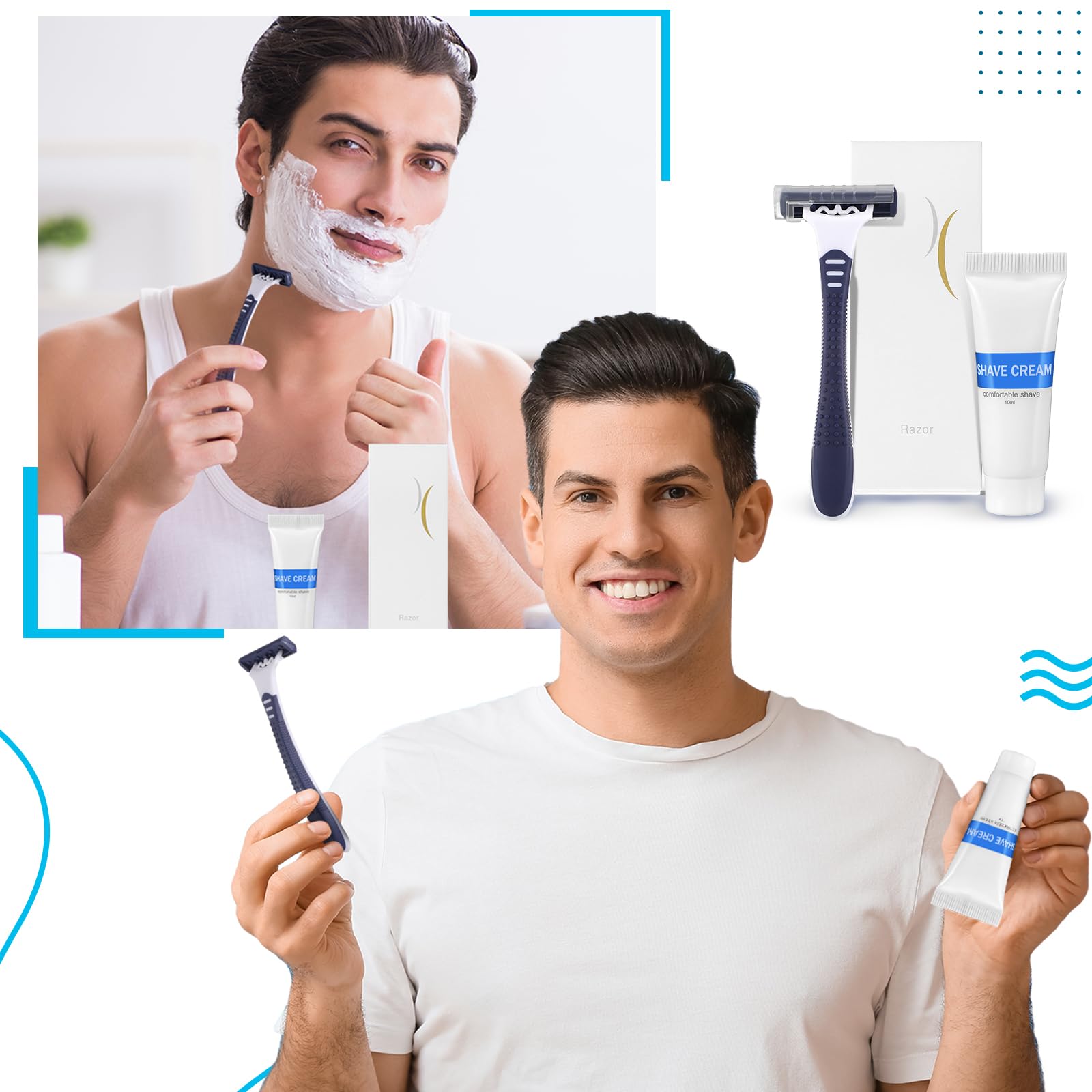 Hushee Kit da barba da viaggio, crema da barba usa e getta con doppia lama e crema confezionati singolarmente, rasoio liscio con cappuccio trasparente, articoli da toeletta per hotel, ripari