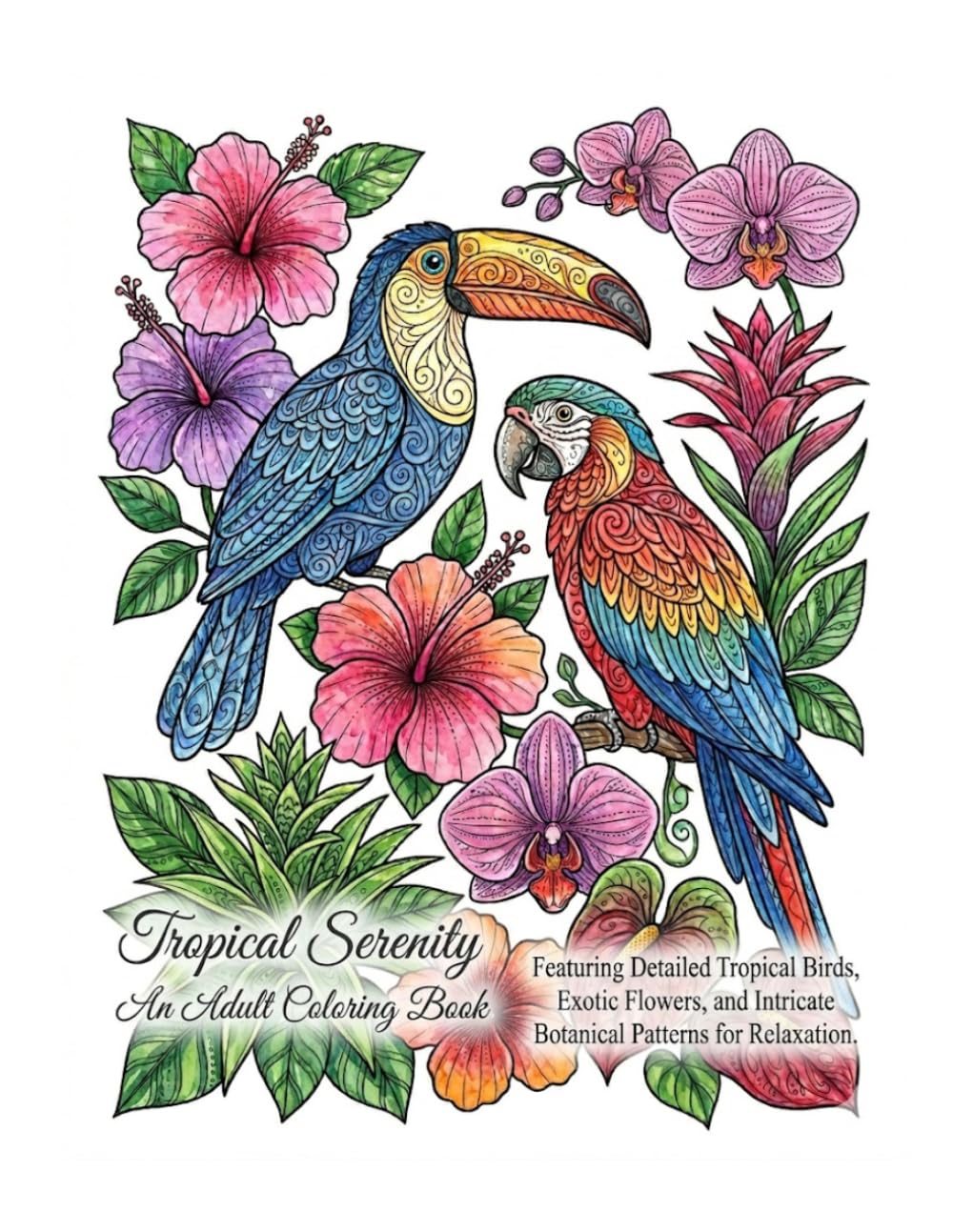 Tropical Serenity: An Adult Coloring Book Featuring Detailed Tropical Birds, Exotic Flowers, and Intricate Botanical Patterns for Relaxation.