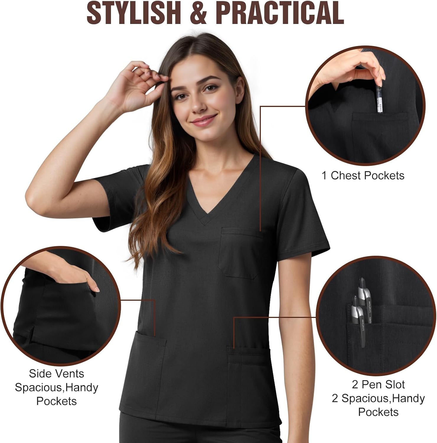 Scrub Top for Women, 4 Pocket V-Neck Scrub Tops Women Workwear, Premium 4-Way Stretchy Medical Top