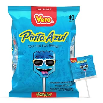 Vero Pintazul Lollipops - Individually Wrapped Mexican Candy That Colors Your Tongue Blue - Strawberry and Raspberry Flavor - 40 Pack 19.75 oz