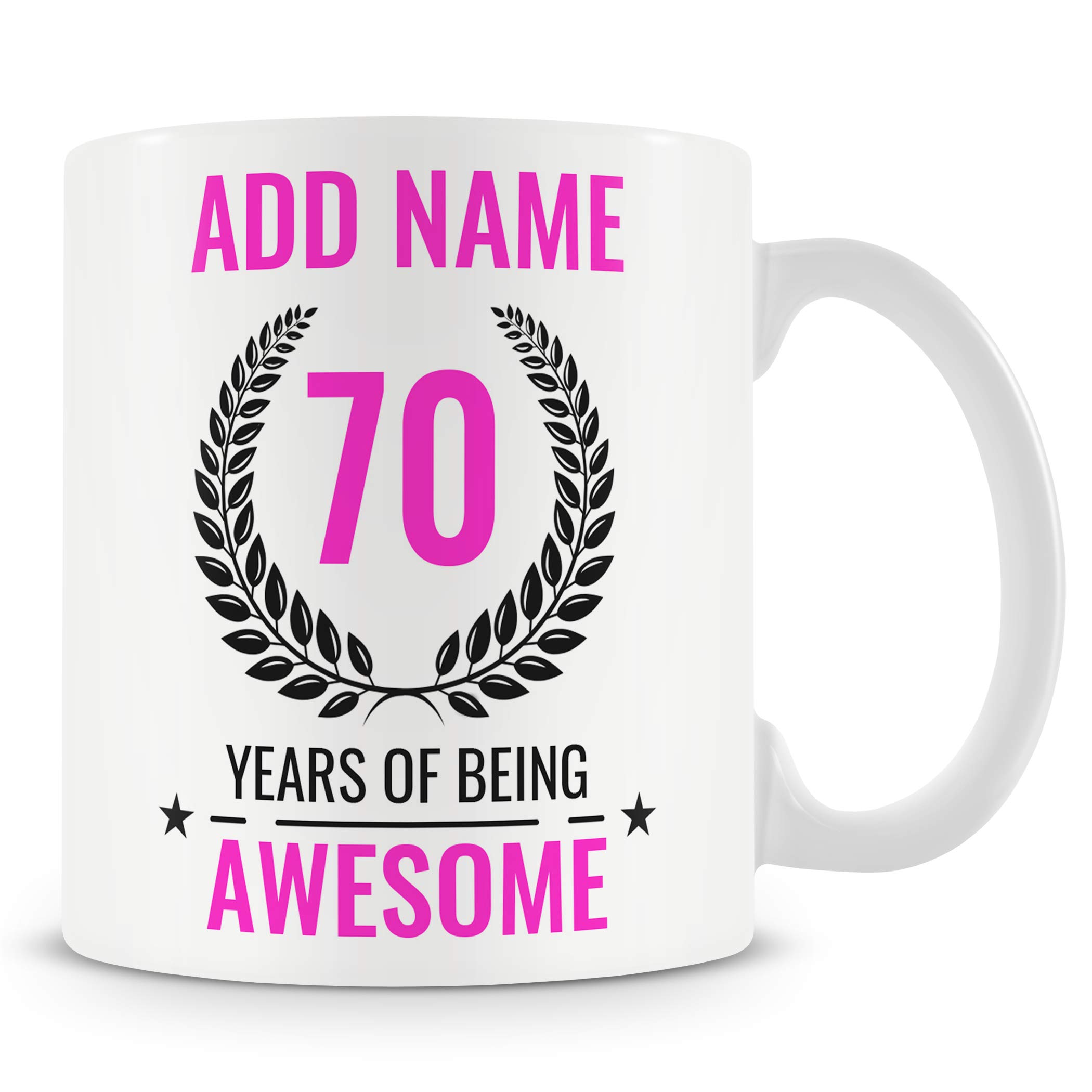 MUGGZ Personalised 70th Birthday Mug for Women – Add Name – “70 Years of Being Awesome” – Pink Design – Ceramic 11oz Mug — image 1