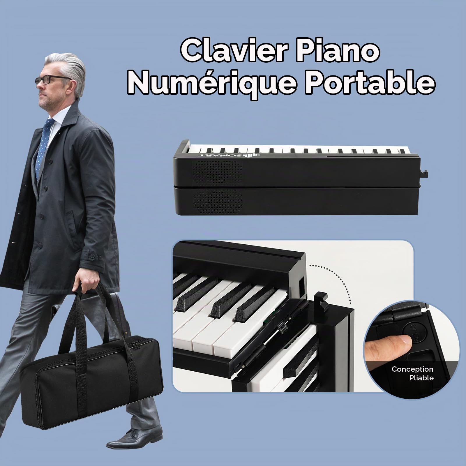 KOMFOTTEU Piano Numérique 61 Touches, Écran LED & Bluetooth, Clavier de Piano Électroniques Multifonctionnel, Piano Numérique pliable pour Debutant, avec Sac de Piano