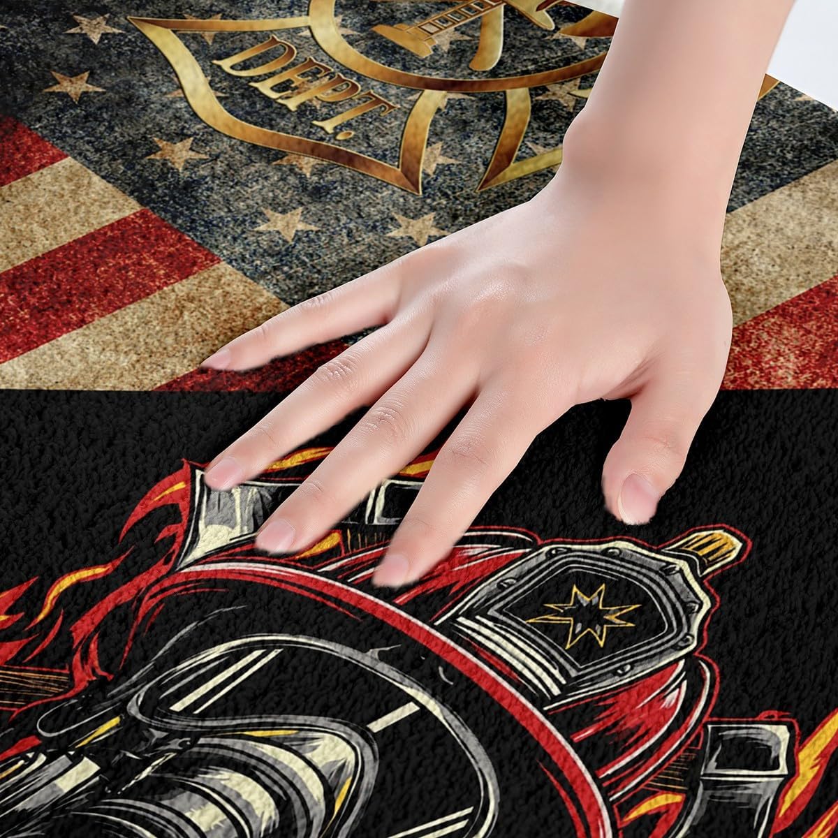 Fire Fighting Kids Bath Mats,American Flag Retro Patchwork Mats Rugs,Boys Girls Adults Room Decor,Fire Fighting Truck Tool Bath Carpets,Red Black Chic Bath Rugs,Absorbent Floor Mats,16Wx24L Inches image 3