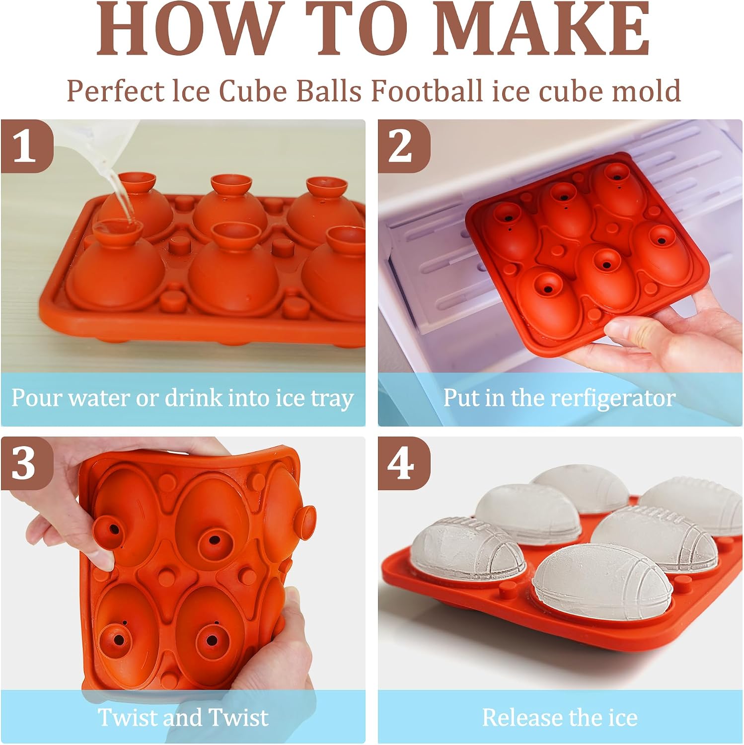2Pack Silicone Football Ice Cube Molds, 2.5Inch Football Shape Ice Mold, Sports Themed Unique Ice Mold Chills Drinks for Iced Tea, Cold Brew Coffee, Soda, Lemonade, Punch