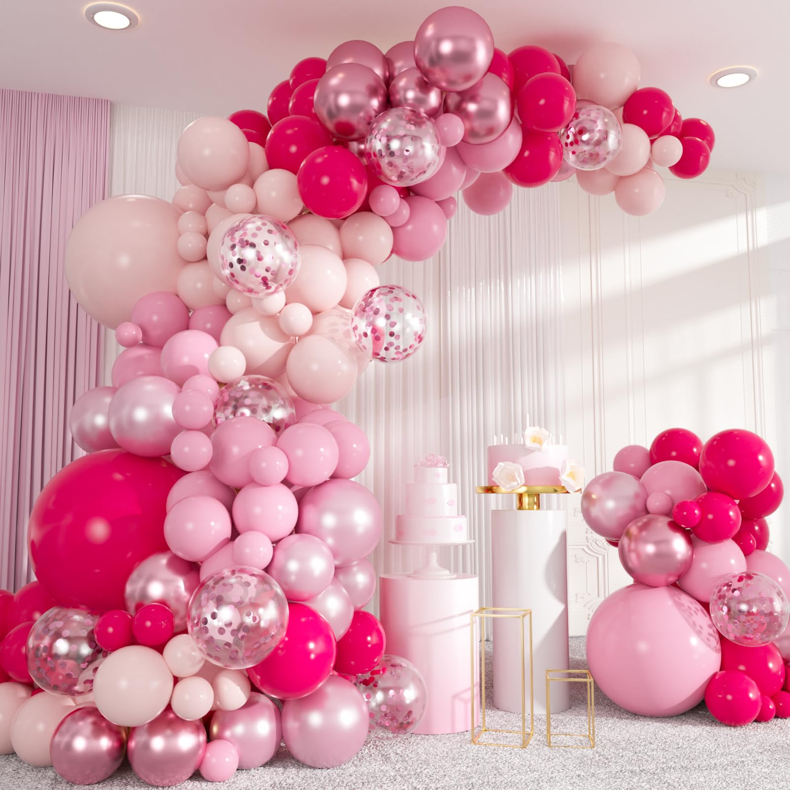 Photo 1 of 137pcs Pink Balloons Garland Arch Kit, 18 12 10 5 Inch Hot Pink Metallic Pearl Baby Pink Confetti Balloons for Women Girl Birthday, Wedding, Christening, Baby Bridal Shower Party Decorations