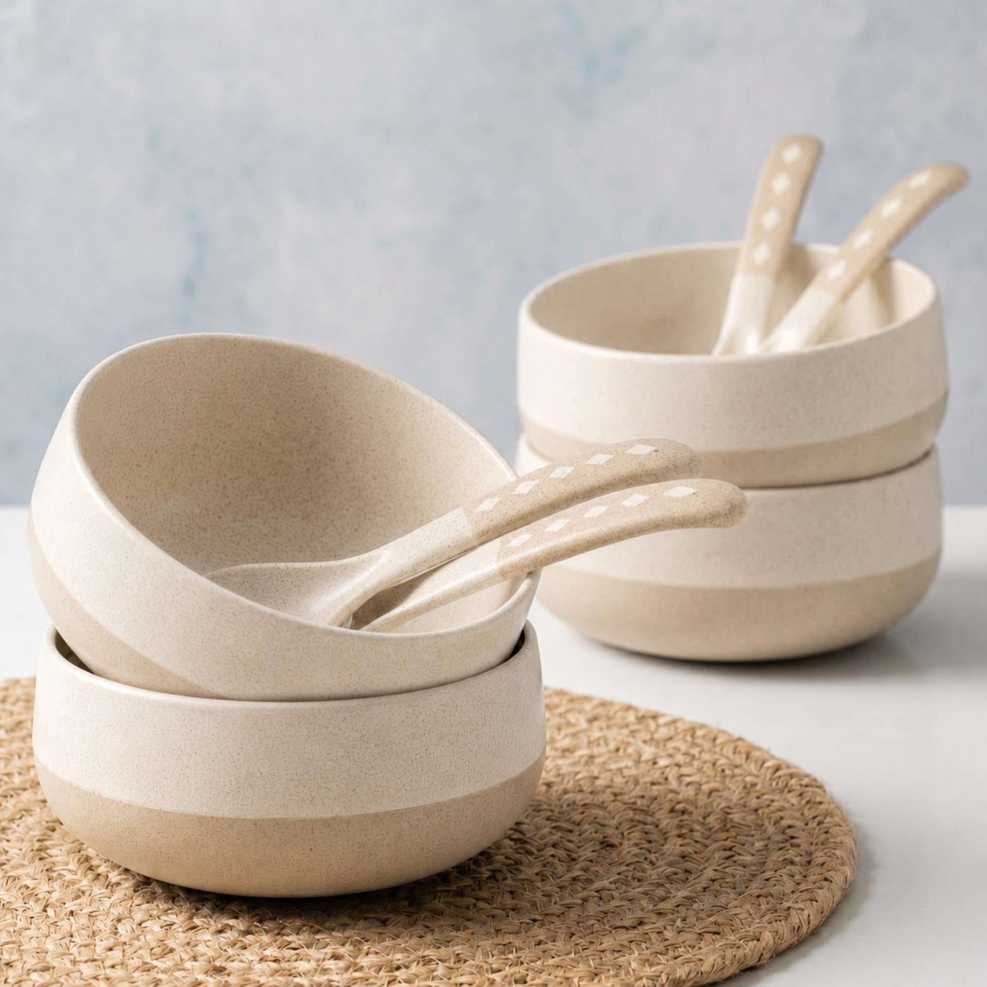 Eha Earth-Friendly Soup Bowls with Spoons | 250 ml | Made with Rice Husk Biocomposite | Microwave Safe Bowls for Kitchen | Serving Bowl Set of 4 | Sand Castle