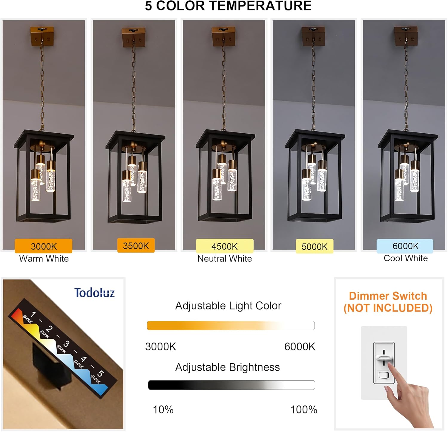TODOLUZ Large LED Outdoor Pendant Light & 2-Pack Wall Light, 5 Color Temperature Adjustable