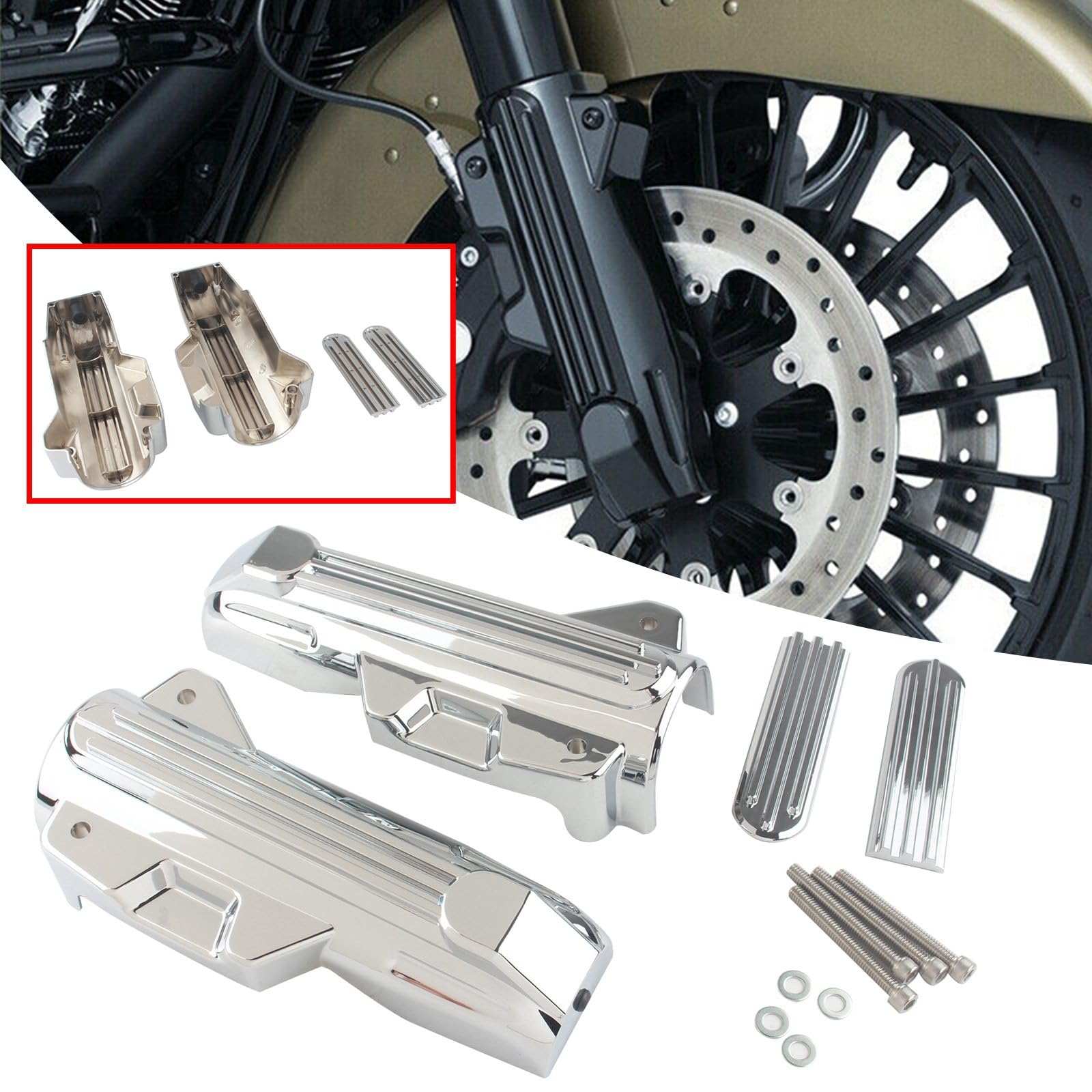 FINMOKAL Chrome Motorcycle Fork Slider Accents & Covers For Harley Electra Glide, Road King, Street Glide - Pack Of 2 Upper & Lower Sets - View #7