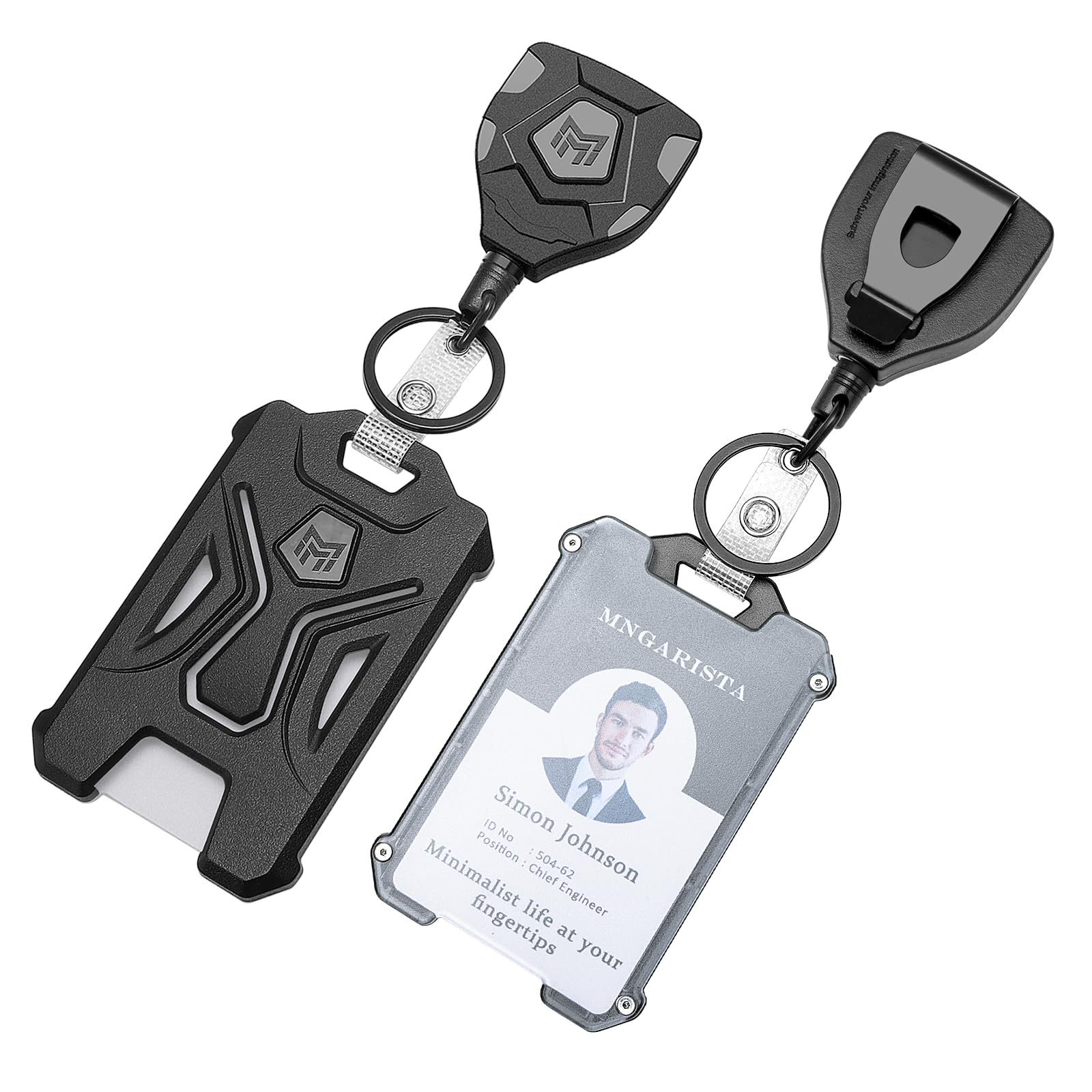 MNGARISTA Heavy Duty Badge Holder,Tactical ID Card Holder with 31.5" Retractable Badge Reel, Black (2-Pack Retractable Badge Holder with Belt Clip Keychain)