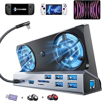 LISEN 10 IN 1 Docking Station for Steam Deck OLED&ROG Ally X&Legion Go, Dual Cooling Fan 5 USB Ports and 4K@60Hz, 100W Charging Port Support ROG Ally 30W Mode, Gigabit Ethernet Fit for Steam Deck OLED