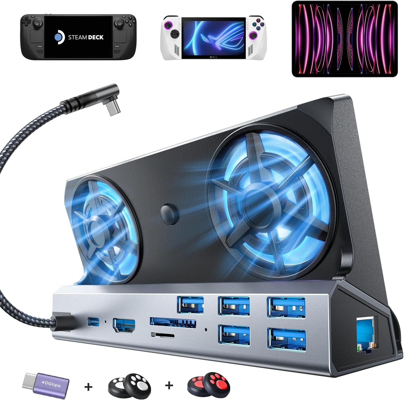 LISEN 10 IN 1 Docking Station for Steam Deck OLED&ROG Ally X&Legion Go, Dual Cooling Fan 5 USB Ports and 4K@60Hz, 100W Charging Port Support ROG Ally 30W Mode, Gigabit Ethernet Fit for Steam Deck OLED