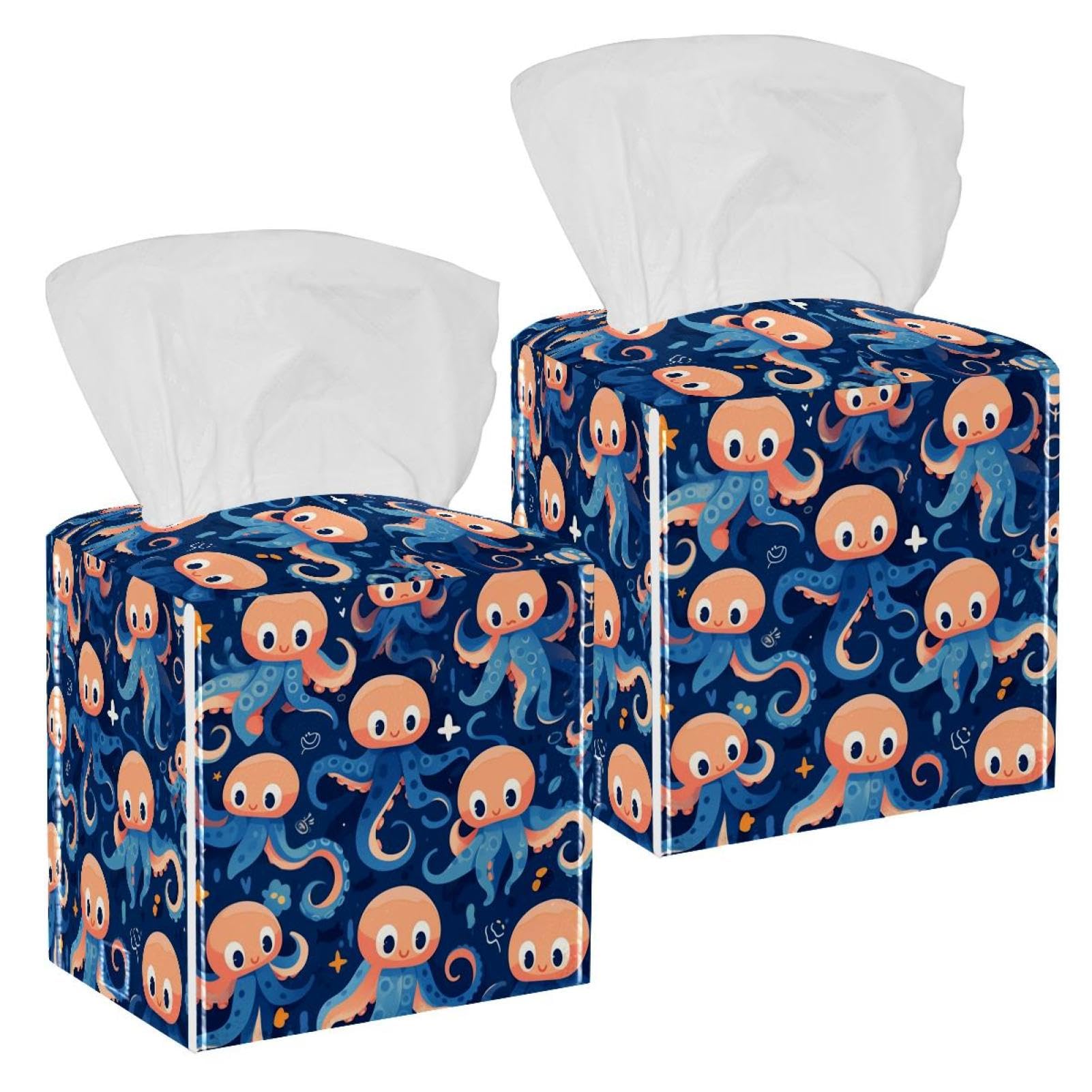 Cartoon Octopus Tissue Box Cover, 2 Pack PU Leather Square Facial Tissue Dispenser Box holder for Home Office Car