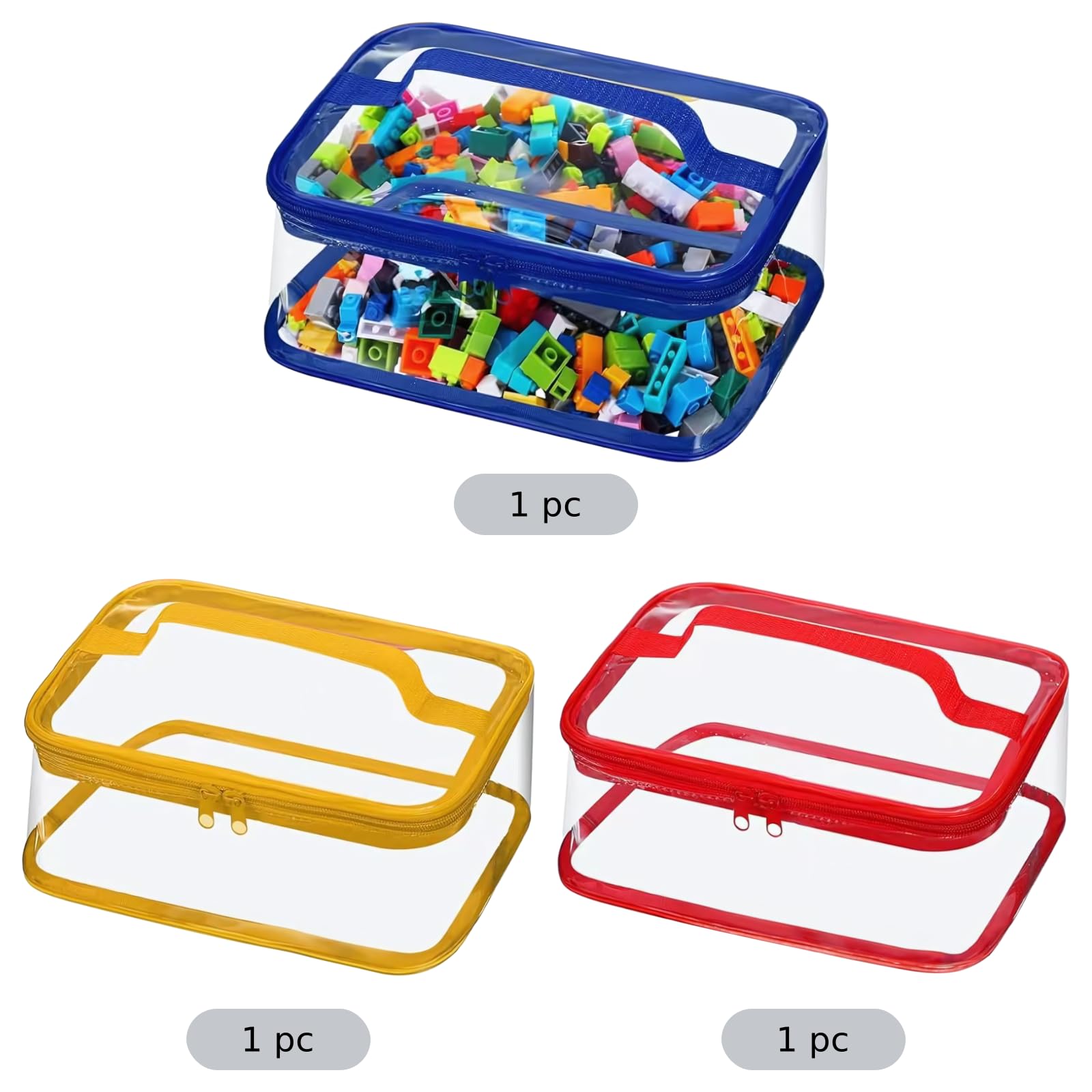 3 STK. Aufbewahrungstaschen für Spielzeug, transparente PVC-Organizer 24 x 17 x 13 cm, tragbare Reisetaschen mit Doppelreißverschluss, wasserabweisend für Brettspiele, Zuhause und Schule