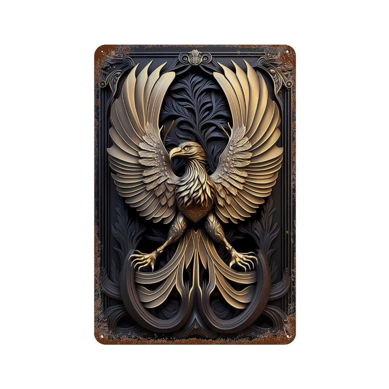 Golden Eagle Art Deco Rust Effect Tin Sign 11.8"x7.9", Decorative Metal Wall Art for Living Room, Hallway And Home Decor