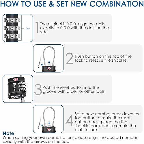 Miniatura 7 de Paquete de 2 cerraduras de equipaje aprobadas por la TSA, cerradura de cable de viaje combinada, candado impermeable de 3 dígitos, cerradura de