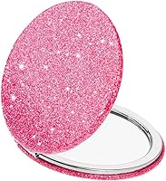 Cute Pink Glitter Compact Mirror for Women - Portable 2x/1x Magnifying Folding Travel Makeup Mirror, Ideal Purse Gift