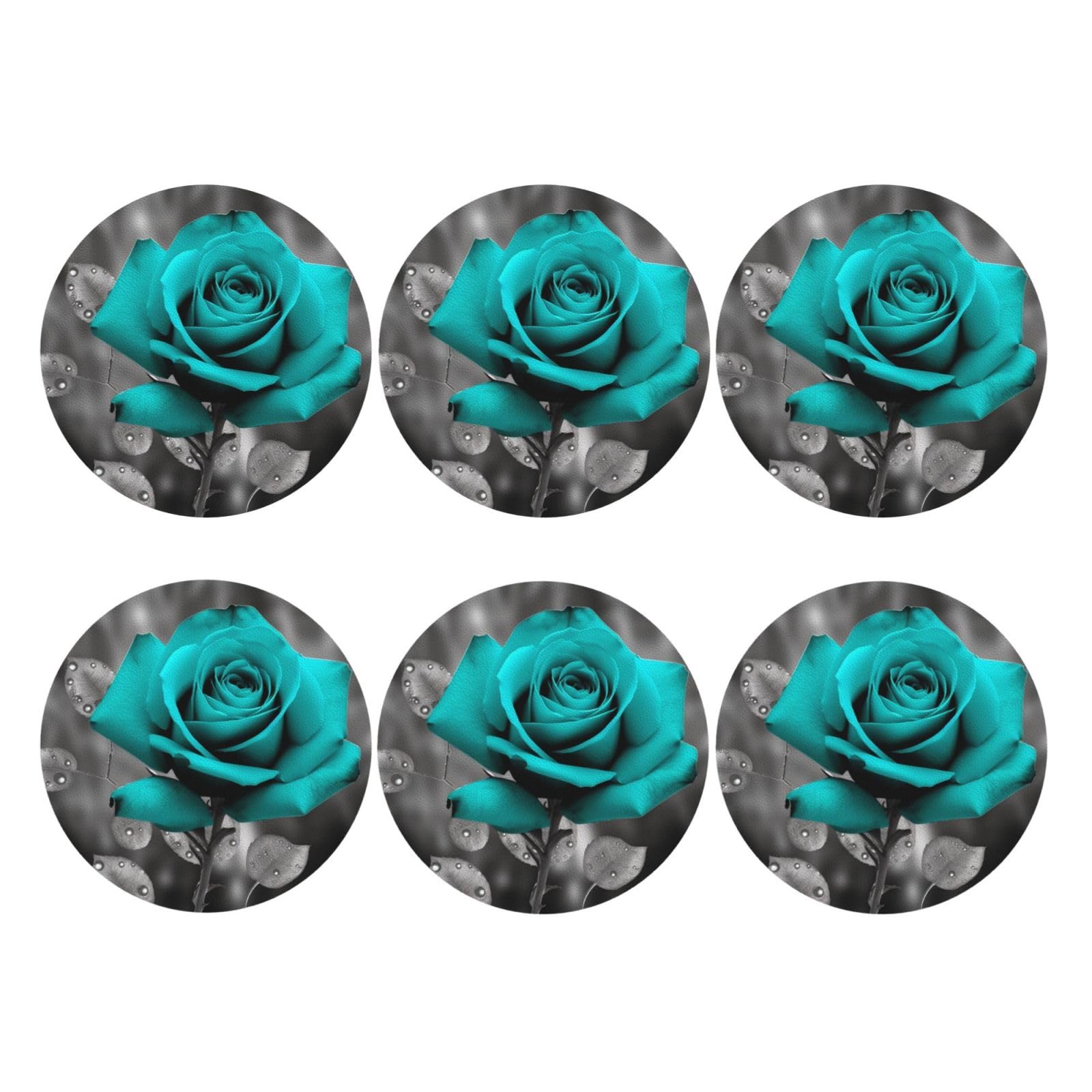 PU Leather Coasters for Drinks Set of 6 - Teal Grey Rose Coaster for Tabletop Protection - Modern Drink Coasters for Coffee Table - Round Shape Coasters for Home Decor 4" Cup Mat Pad