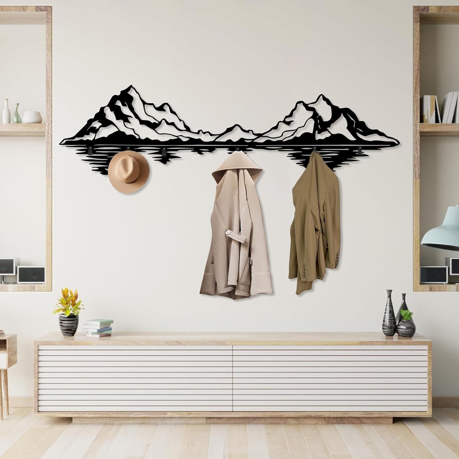 Mountain Wall Coat Rack, Lake & Forest Metal Wall Mount, Mountain Wall Decor, Nature Sculpture, Horizontal Mountains Hooks for Hanging, Home Storage Hooks (Black, 8"x30"|20x76cm)