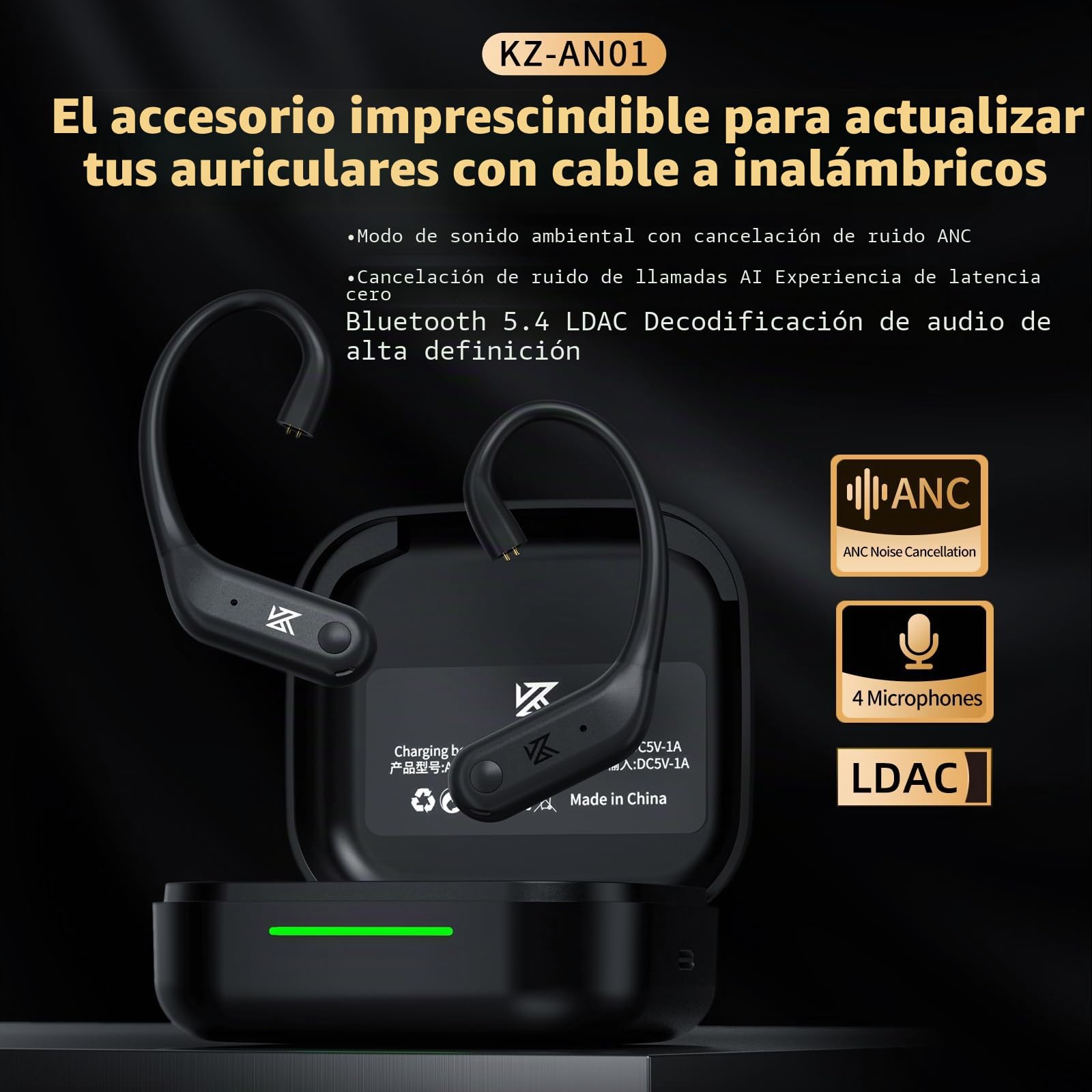 KZ AN01 5.4 Módulo Bluetooth, adaptador de gancho, convertidor inalámbrico, sonido HiFi, cancelación de ruido activa, audio LDAC, modo de transparencia