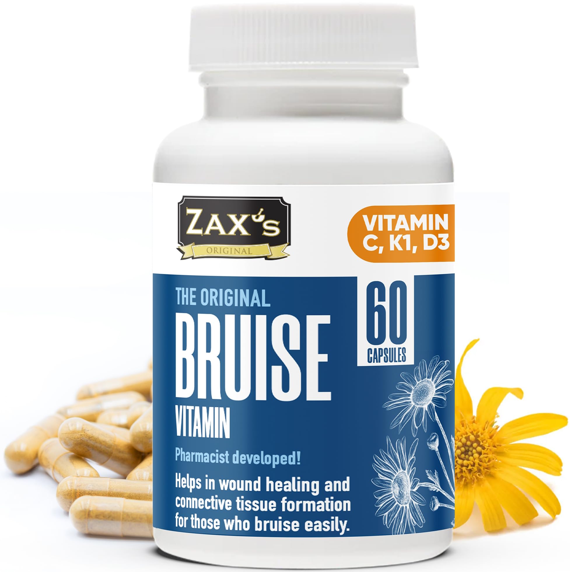 ZAX'S Bruise Vitamin Pharmacist Developed Bruising Supplements Potent Bruising Swelling Reducer, Zinc, Vitamin K, D3, Ascorbic Acid, Citrus Bioflavonoids, 60 Caps, Combine Arnica Bruise Cream