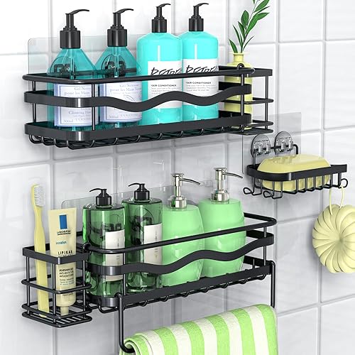 3Free 6 Pack Shower Caddy, Strong Adhesive Shower Organizer with Soap Holders No Drilling Shower Shelves, Rustproof SUS304 Stainless Steel Bathroom Shower Shelf for Inside Shower (Black)