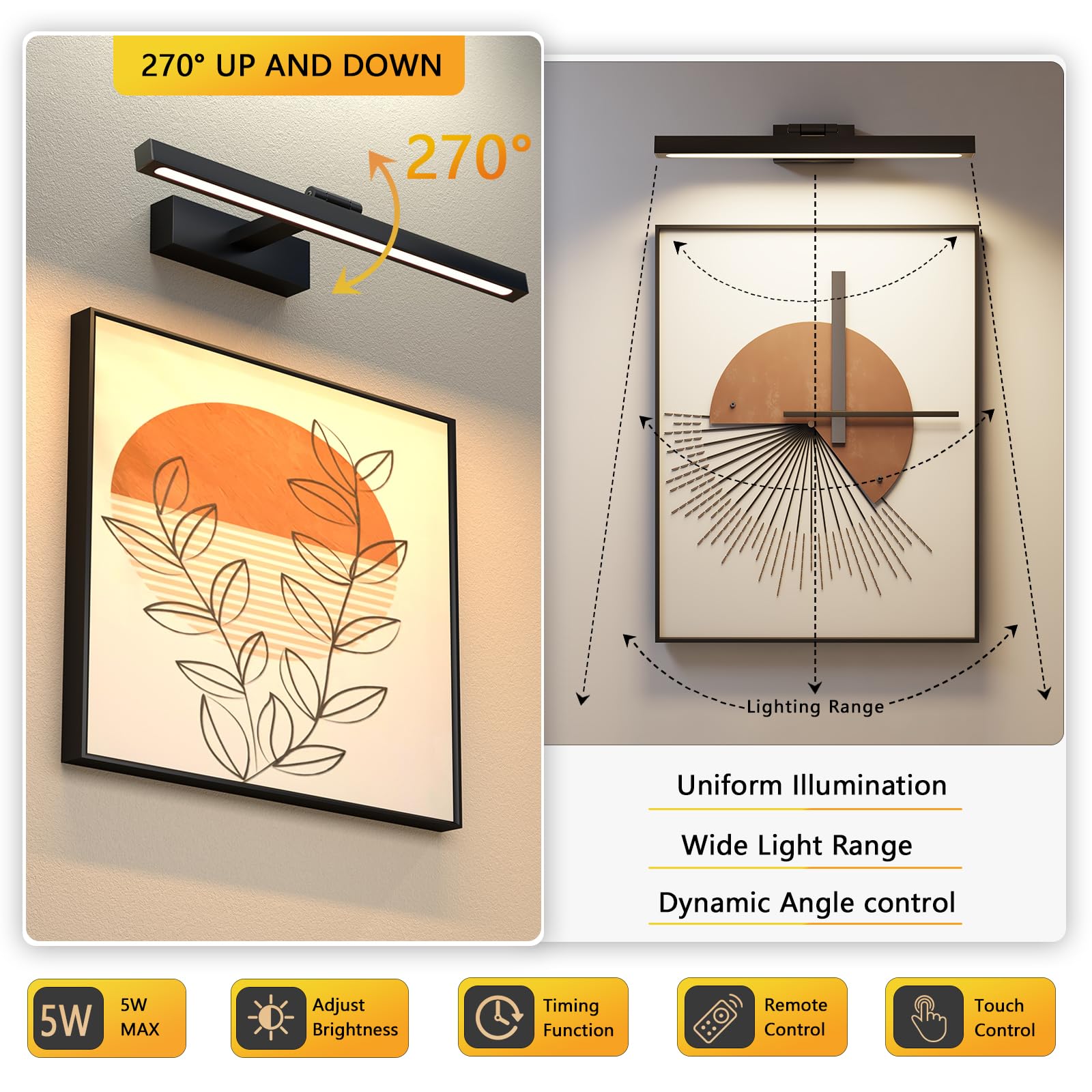 Picture Light, Rechargeable Battery Operated Lights with Remote, 15.74 Inch Wireless Art Light on Wall, 3 Colors Dimmable Timer for Library Decor, Photo Lights, Poster Light, Gallery Display(Black)