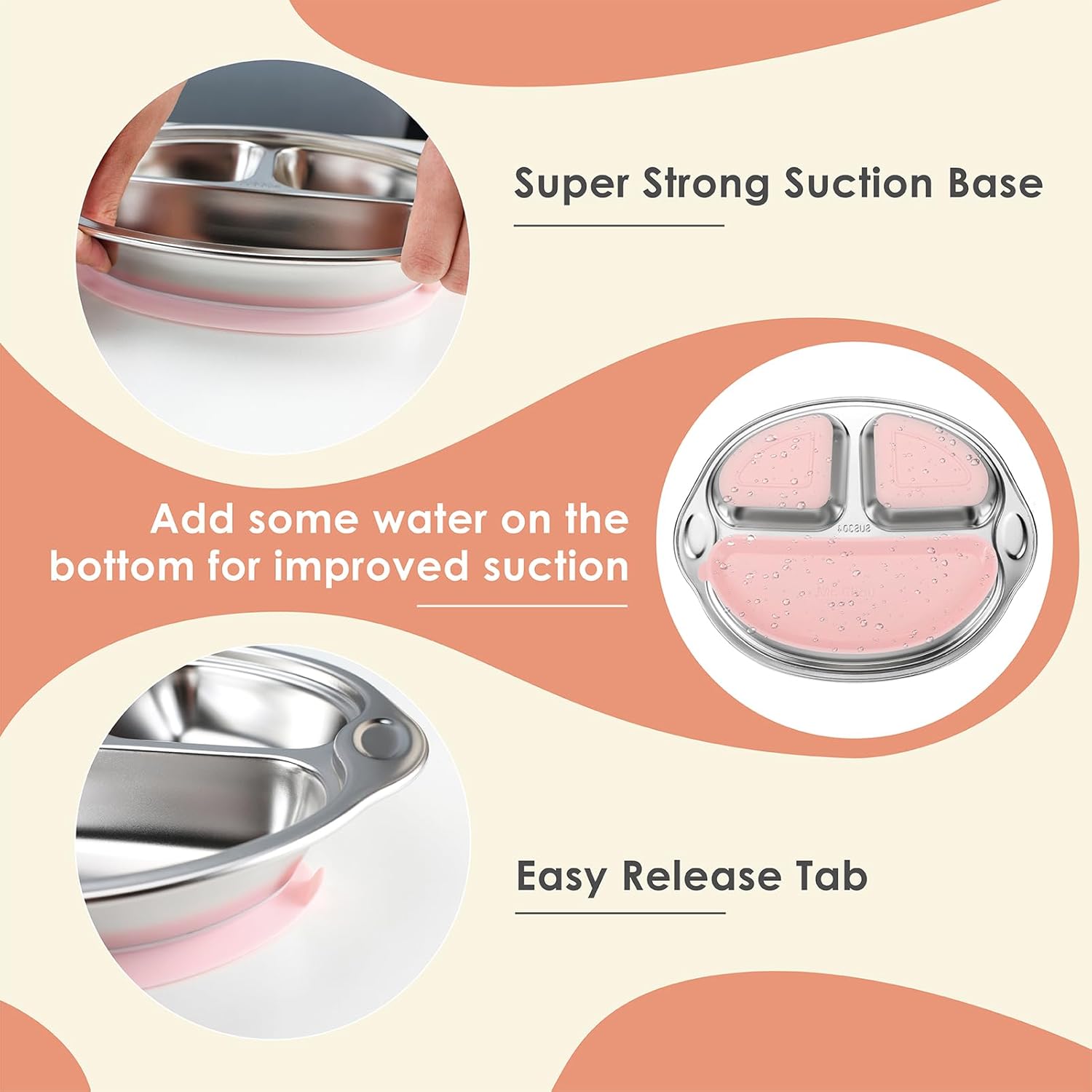 MR. CHOU Stainless Steel Divided Toddler Plate, Suction Baby Plates for Baby & Toddler, Dishwasher Safe, Pink