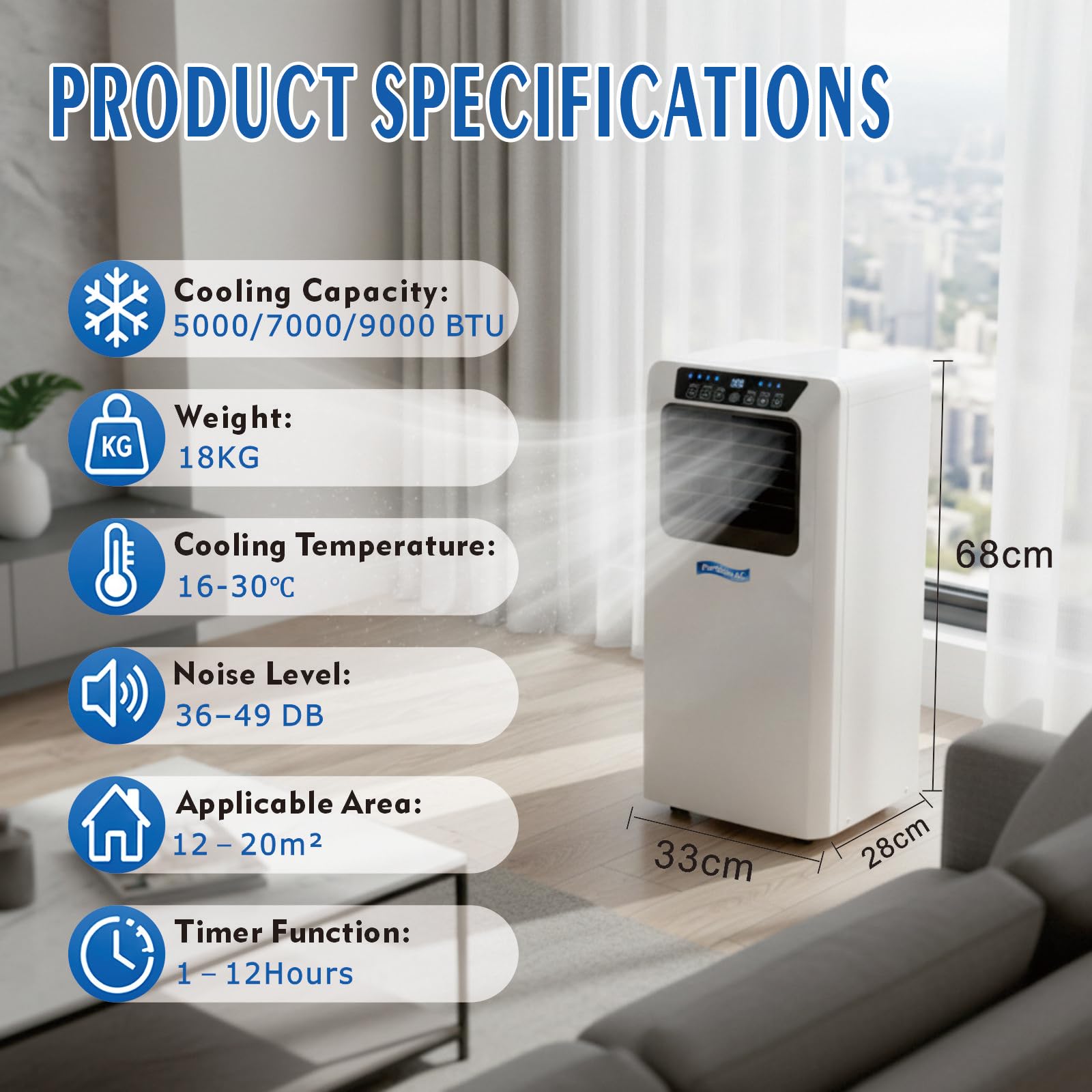Aire Acondicionado Portátil # Climatizador portátil silencioso con refrigeración, deshumidificador y Ventilador, Control Remoto, 12 H Ruedas, Kit de Ventana, para Dormitorio, 9000BTU